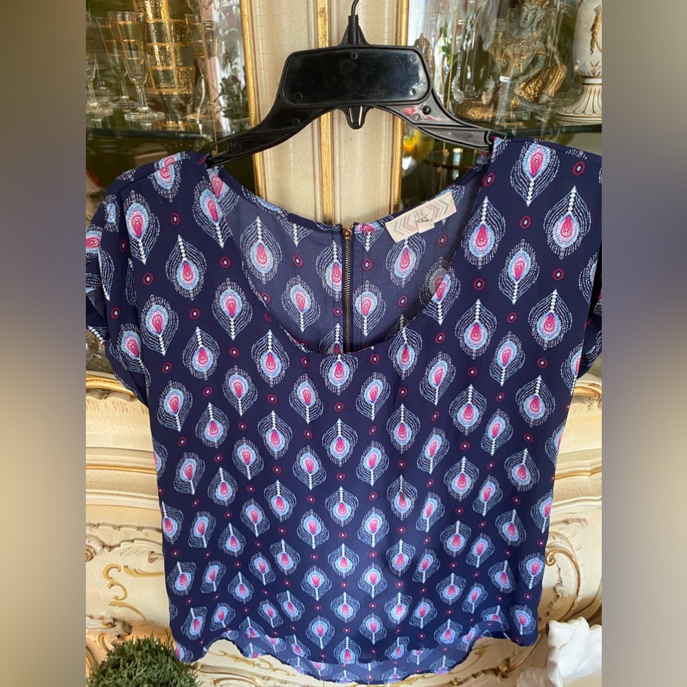 Pink Rose Beautiful Blouse sz large zip of the back Blouse in Blue